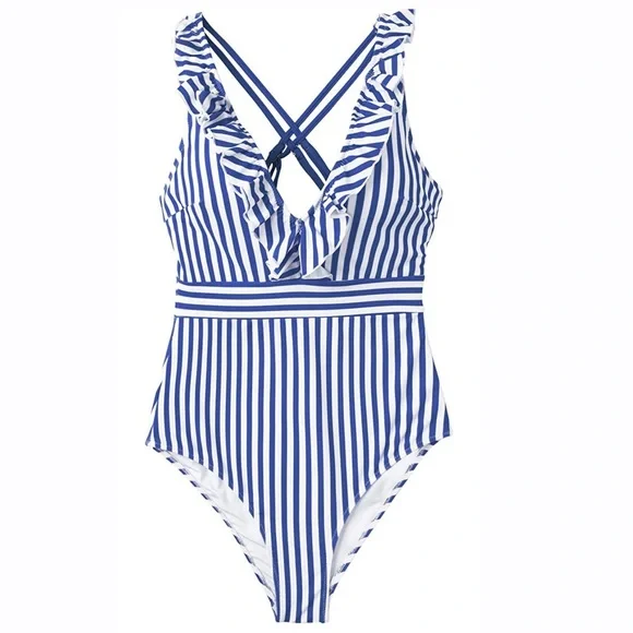 NEW✨ Women's V Neck One Piece Swimsuit Ruffled Back Cross Swimwear✨ - Picture 2 of 3